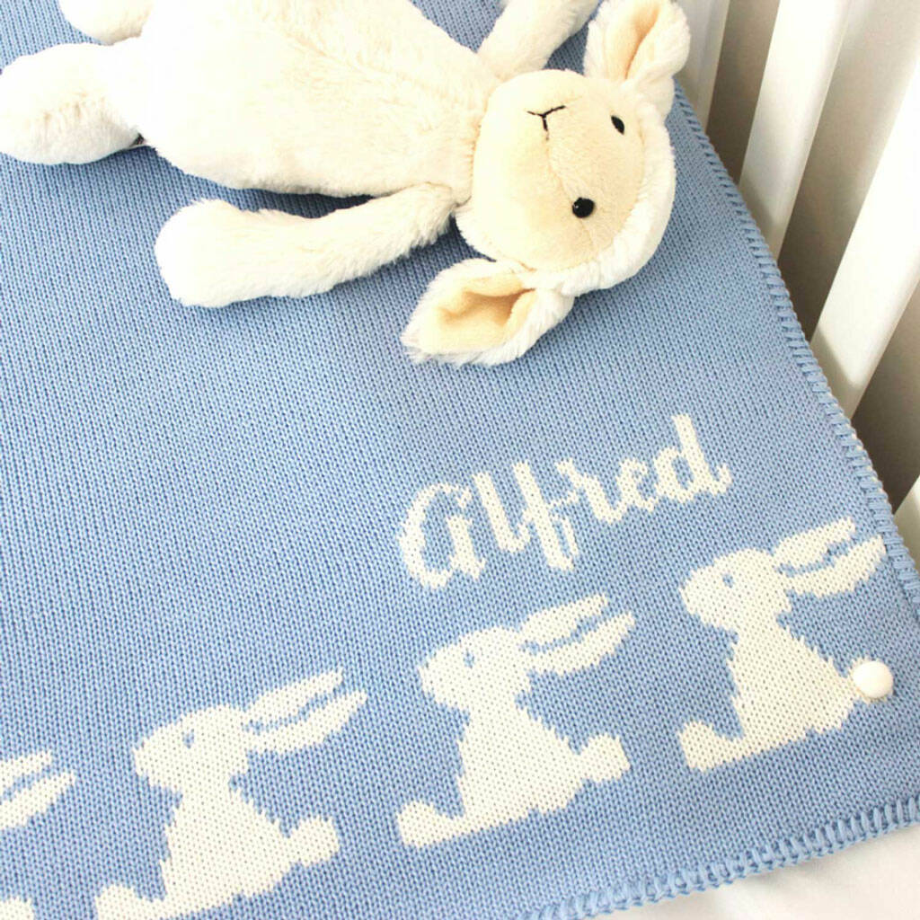 Personalised Knitted Blue Bunny Baby Blanket By Justine Louise