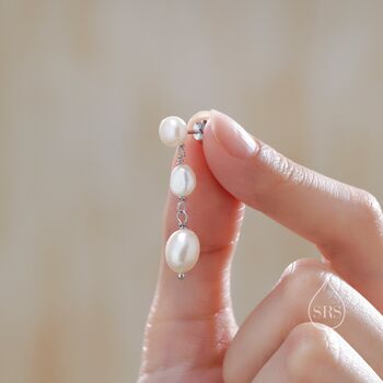 Sterling Silver Irregular Shaped Freshwater Pearl Trio Drop Hook Earrings, 6 of 12