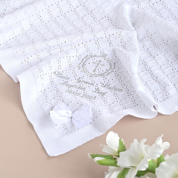 Personalised White Cotton Knitted Christening Shawl, 3 of 7