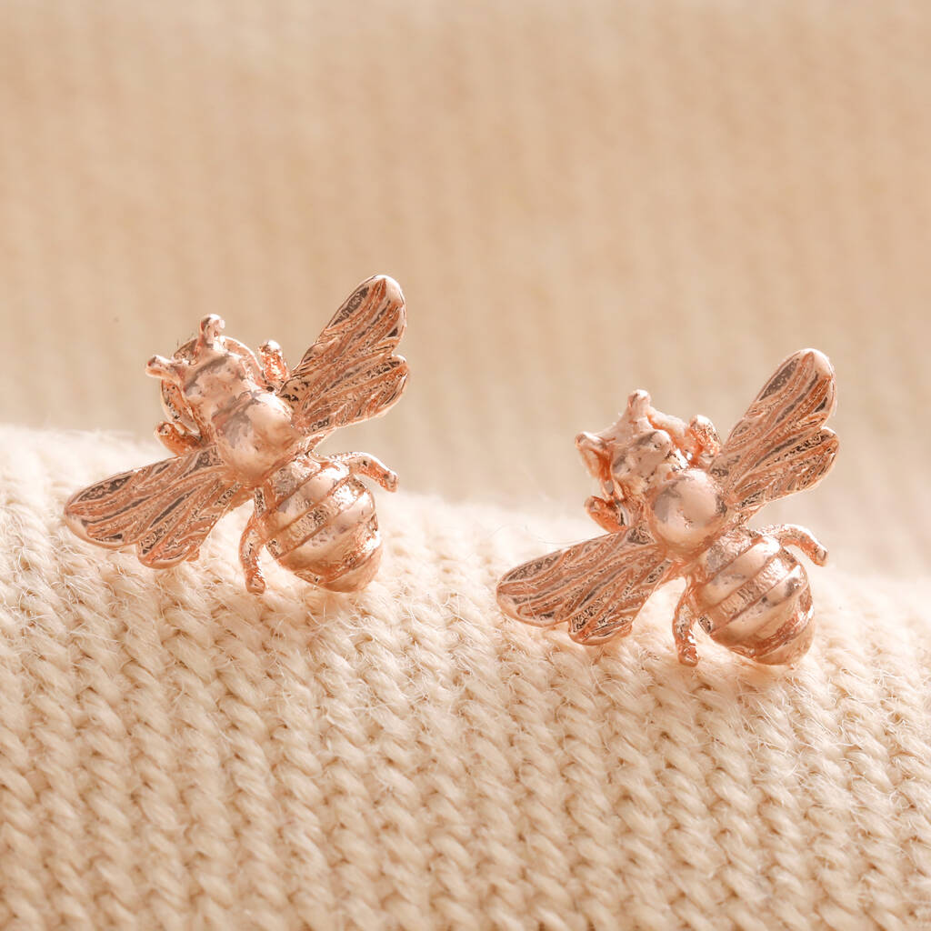 Tiny Bee Stud Earrings In Rose Gold Plating, 1 of 6
