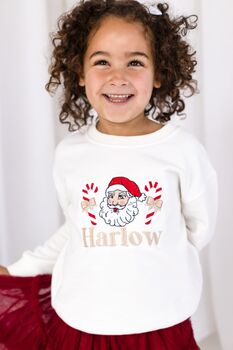 Vintage Santa And Candy Cane Embroidered Personalised Christmas Sweatshirt Jumper, 5 of 5