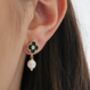 Cz Green Enamel Clover Pearl Drop Earrings, thumbnail 1 of 8