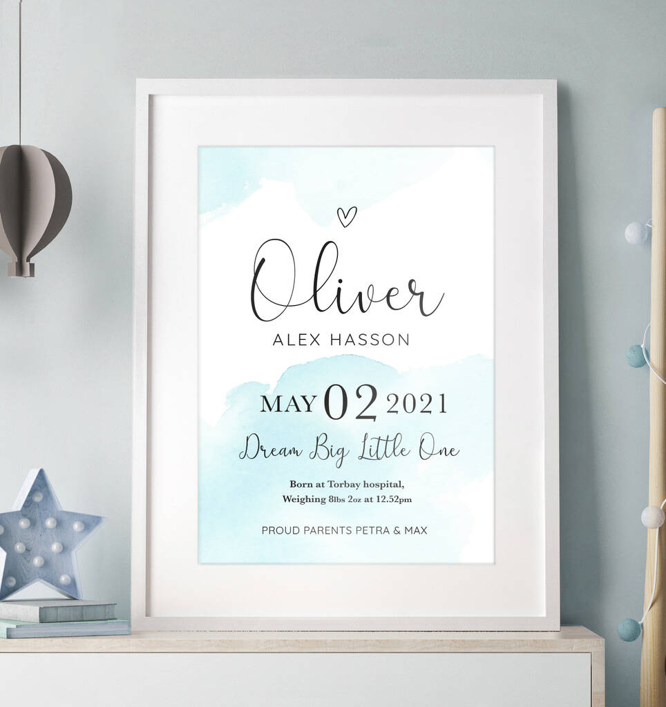 Personalised Baby Details Watercolour Print, 1 of 7