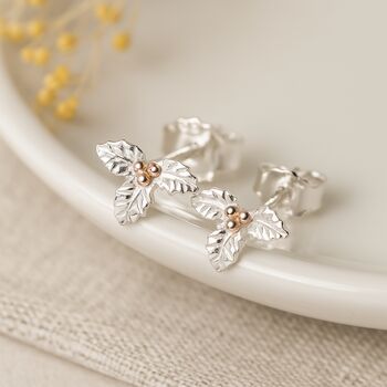 Sterling Silver And Rose Gold Holly December Birth Flower Earrings, 3 of 6