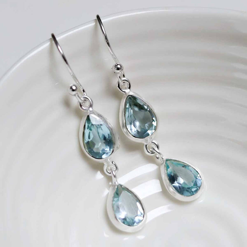 Sterling Silver Double Blue Topaz Dangly Teardrops, 1 of 2
