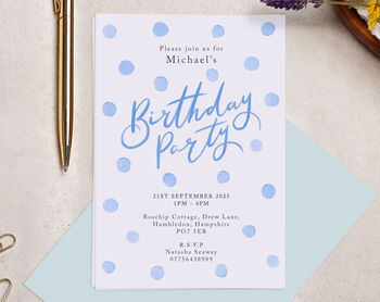 Personalised A6 Blue Spot Birthday Party Invitation, 3 of 3