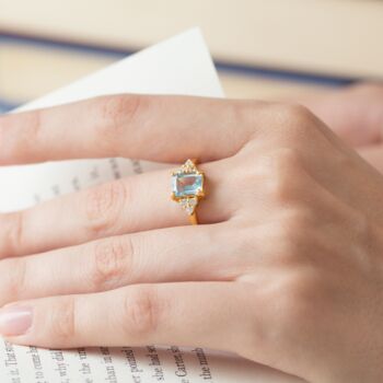 Blue Topaz Emerald Cut Ring In Sterling Silver And Gold, 8 of 12