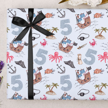Three Sheets Of Children's 5th Birthday Pirate Wrapping Paper, 2 of 2