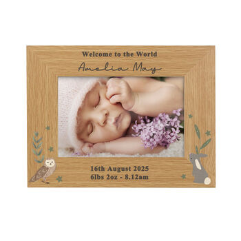 Personalised Woodland Animals 6x4 Oak Finish New Baby Photo Frame, 5 of 5
