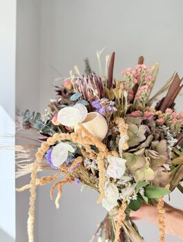 Hydrangea Pastel Bouquet With Eucalyptus Bark Sticks And Protea, 5 of 7