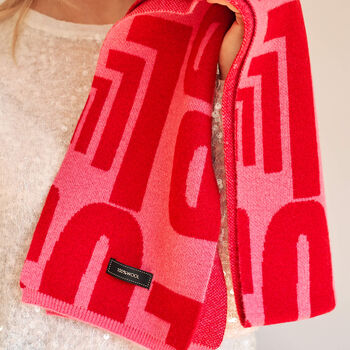 Letters Motif 100% Wool Scarf In Coral Red, 2 of 6