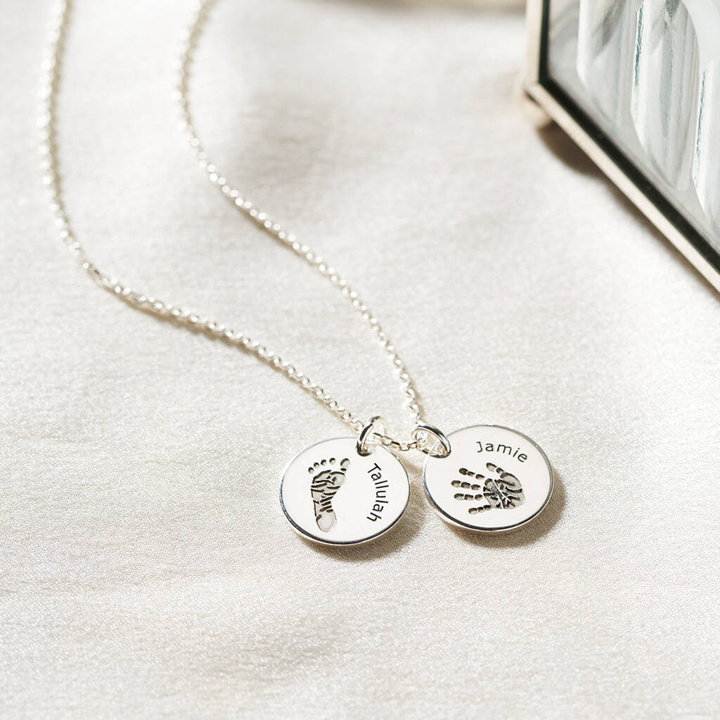 Personalised Circle Handprint Footprint Name Necklace By Button and Bean