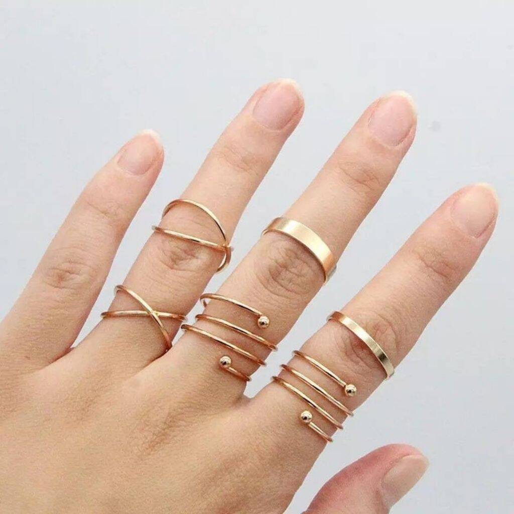 Six Piece Slim Gold Plated Black Stackable Midi Rings By The Colourful ...