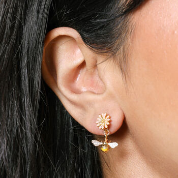 Yellow And Pink Enamel Floral Bee Drop Earrings In Gold, 2 of 4