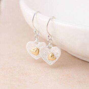 Silver And Gold Plated Double Heart Drop Earrings – 10mm, 2 of 7