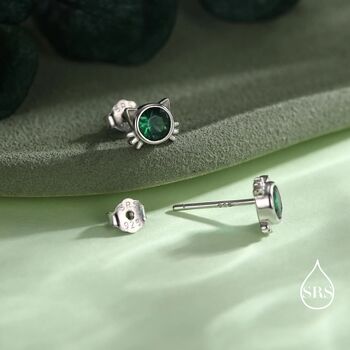 Sterling Silver Emerald Green Cz Cat Stud Earrings, 4 of 12