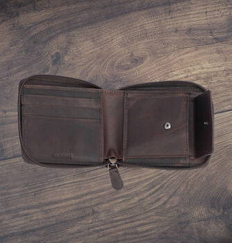 Men's Brown Leather Wallet Zip Around Rugged Leather Rfid Protected, 5 of 7