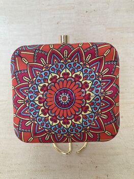 Devi Bright Orange Square Digitally Printed Clutch Bag, 3 of 9