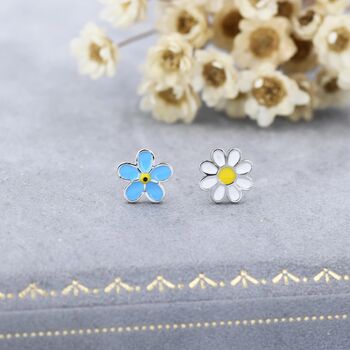 Sterling Silver Mismatched Enamel Daisy And Forget Me Not Flower Stud Earrings, 5 of 12