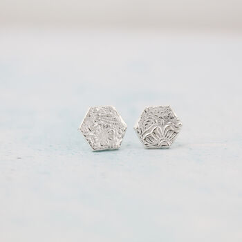 Sterling Silver Textured Hexagon Stud, 7 of 8