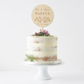Engraved Botanical Personalised Wedding Cake Topper, 5 of 6