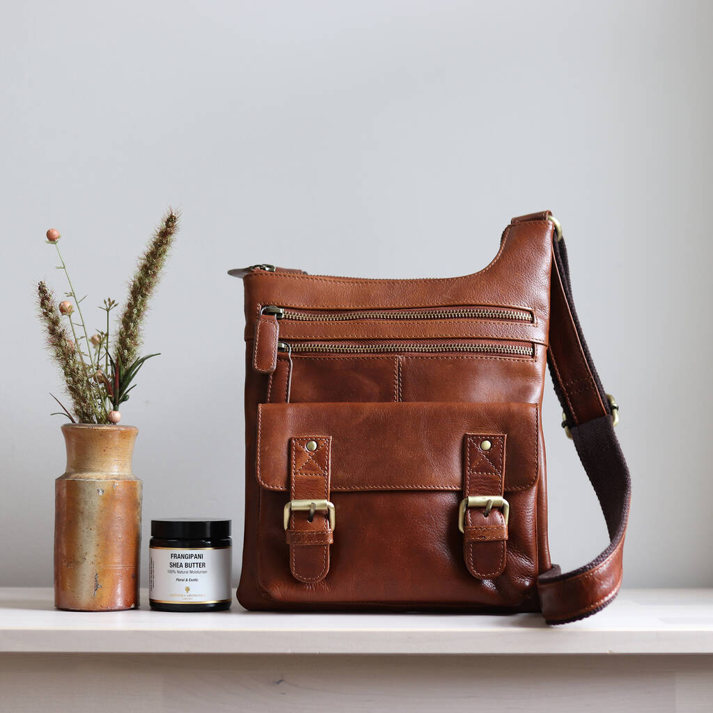 Leather Crossbody Pocket Messenger Bag, Tan By The Leather Store
