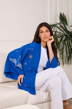 Cosmos Embroidered Short Kimono Electric Blue, 3 of 5
