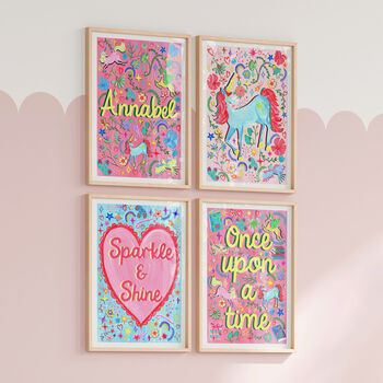 Personalised Unicorn Name Print | Hand Painted Pink Unicorn Nursery Wall Art | Magical Baby Keepsake Gift, 5 of 12