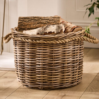 Round Woven Wicker Log Basket With Rope Handles, 2 of 5