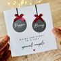 Personalised Bauble And Bow Couple Christmas Card, thumbnail 2 of 4