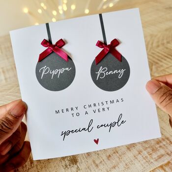 Personalised Bauble And Bow Couple Christmas Card, 2 of 4