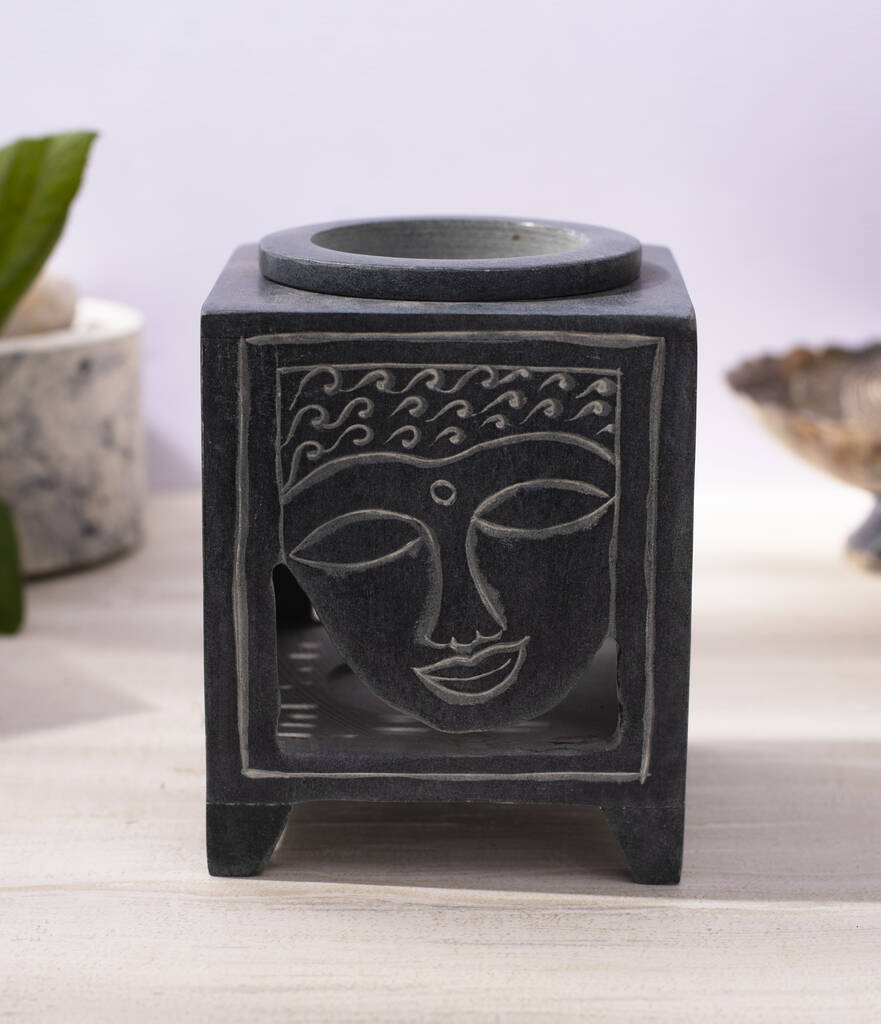 Cube Shaped Buddha Face Oil Burner From Soapstone