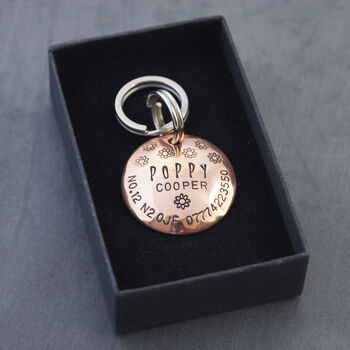 Dog ID Tag. Personalised Domed Copper Disc With Flowers, 7 of 10