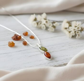Marquise Amber And Silver Leaf Pendant Cognac And Green, 3 of 3