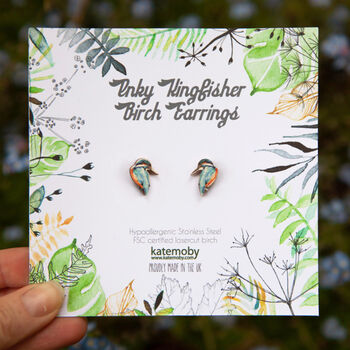 Inky Kingfisher Birch Hypoallergenic Tiny Stud Earrings, 7 of 9