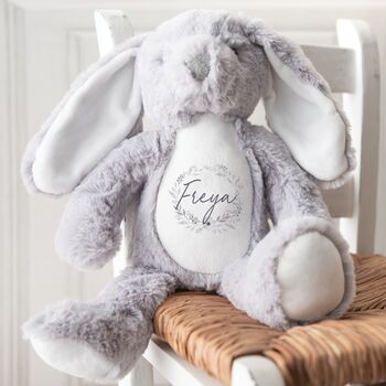Personalised Soft Rabbit Teddy For New Baby Grey, 2 of 3