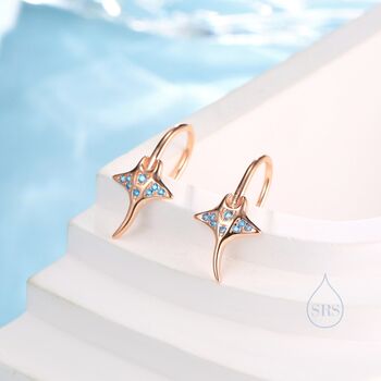 Sterling Silver Manta Ray Fish Drop Hook Earrings With Blue Cz, 6 of 12