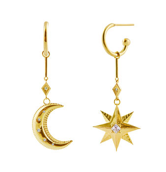 Gold Plated Moon And Star Statement Drop Earrings, 3 of 3