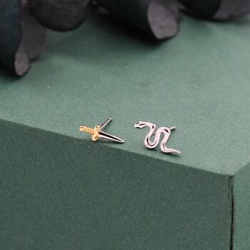 Mismatched Sword And Snake Stud Earrings In Sterling Silver, 3 of 9