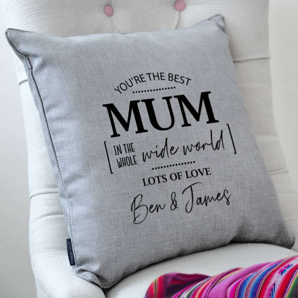 personalised best mum piped cushion by cherry pete
