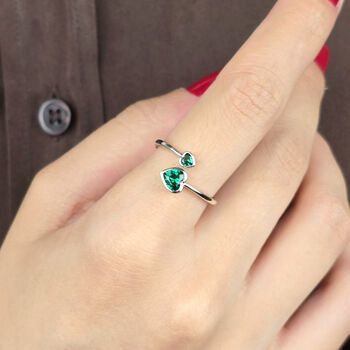 Duo Emerald Heart May Birthstone Adjustable Silver Ring, 3 of 4