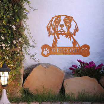 Personalised King Charles Spaniel Welcome Metal Wall Art Sign For Home And Garden Gift, 7 of 11