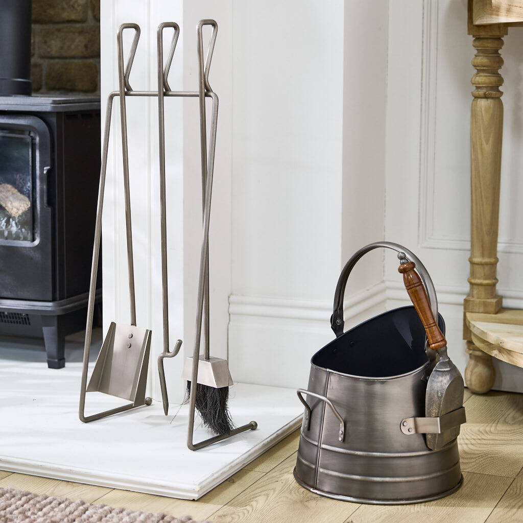 Antique Pewter Effect Fireplace Accessories Set, 1 of 3