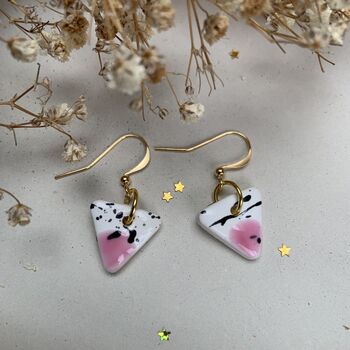 Ceramic Triangle Earrings Pink White And Black Speckled Dangle Earrings With Gold Hooks, 11 of 11