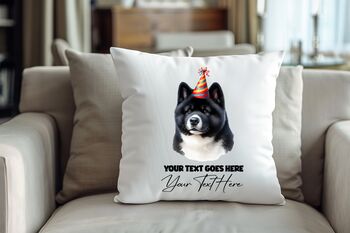 Personalised Black And White Akita Birthday Party Cushion, 2 of 2