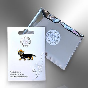 Tiny Western Wiener Dog Cowboy Dachshund Enamel Lapel Pin Badge, Sausage Dog Pet Brooch, Gifts For Dog Lovers, 5 of 8