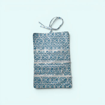 Cotton Jewellery Roll | Light Blue And White Block Print, 2 of 6