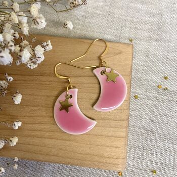 Pink Moon And Star Ceramic Earrings Gold Plated, 4 of 8