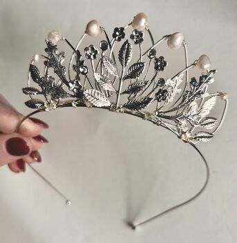 The Agatha Mini Crown Flower Girl Bridal Pearl Oak Leaf Tiara Headband, 9 of 11