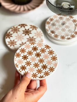 Geometric Patterned Tile Round Ceramic Coaster Set, 5 of 8